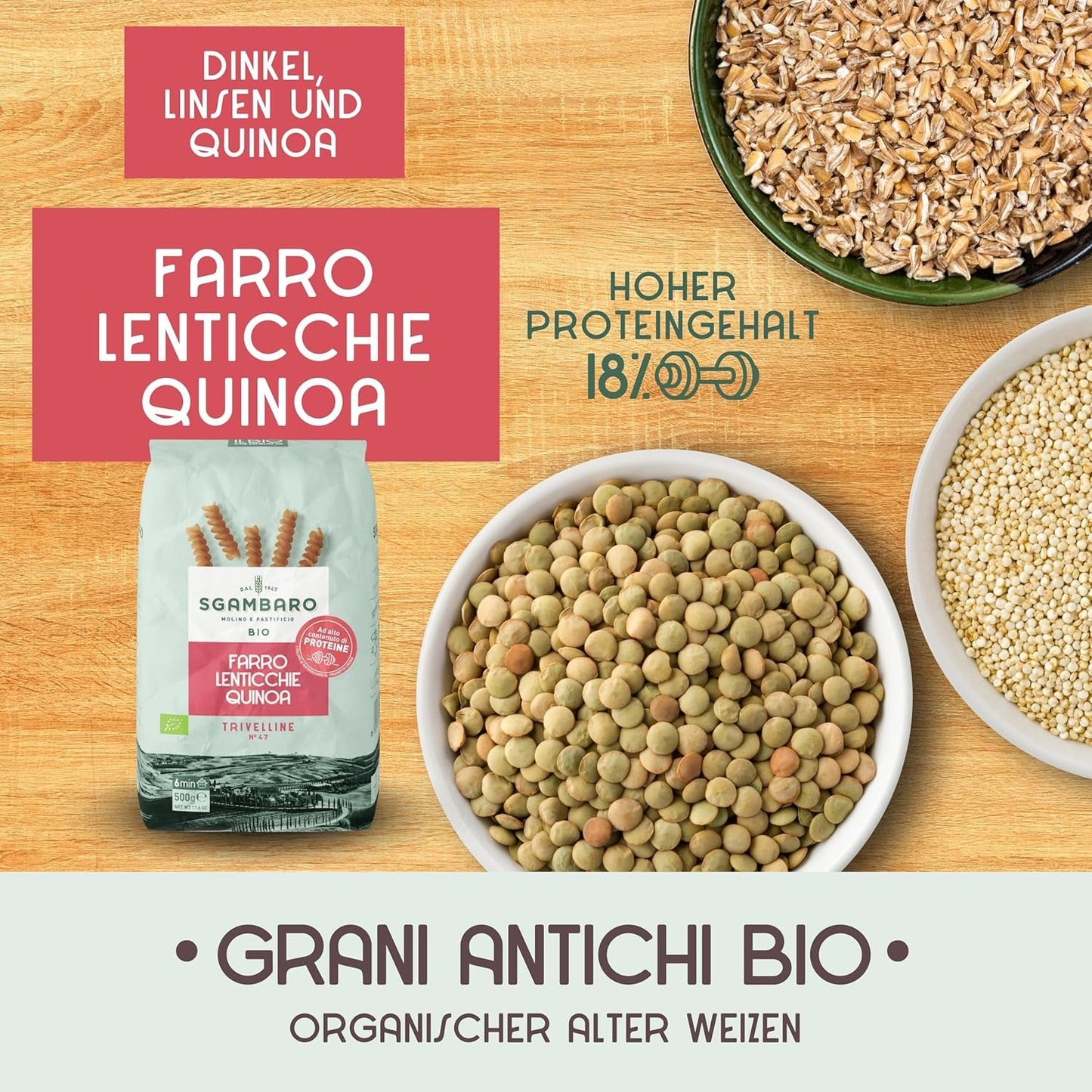 Bio těstoviny Trivelline N.47 - 500g se špaldovou moukou, čočkovou moukou a quinoa moukou - Bohaté na bílkoviny, zdroj vlákniny a bílkovin