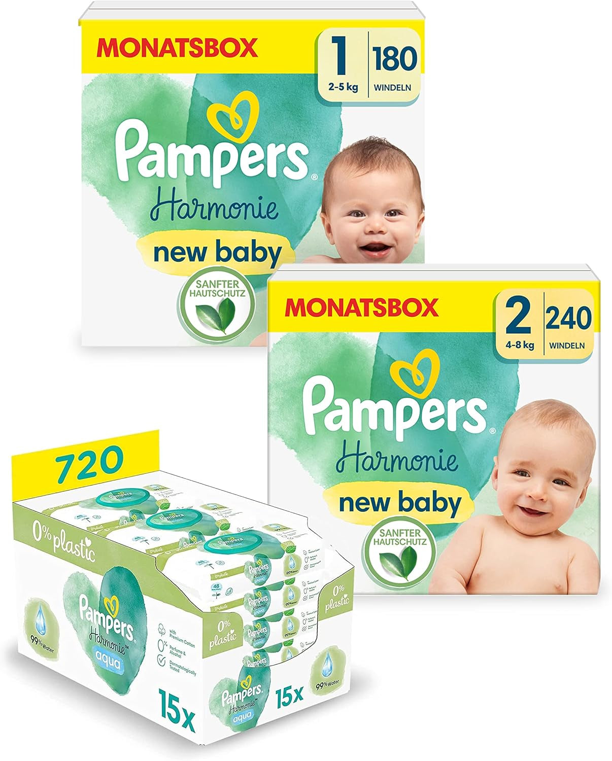 Harmonie Aqua sada dětských plen velikost 1 (2-5 kg, 180 ks), velikost 2 (4-8 kg, 240 ks), Half Moon Box a Aqua dětské ubrousky, 720 ubrousků (15 x 48), Baby Starter Kit