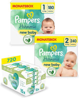 Harmonie Aqua sada dětských plen velikost 1 (2-5 kg, 180 ks), velikost 2 (4-8 kg, 240 ks), Half Moon Box a Aqua dětské ubrousky, 720 ubrousků (15 x 48), Baby Starter Kit