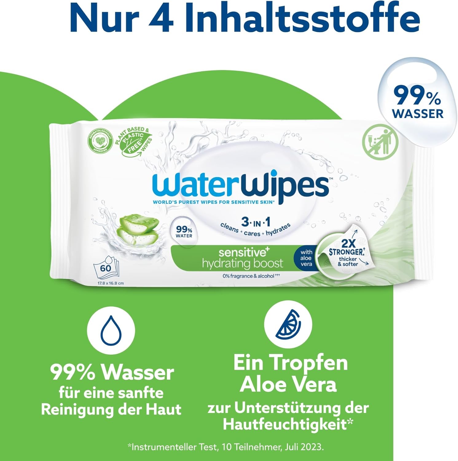 WaterWipes Sensitive+ Hydrating Boost vlhčené ubrousky, hydratační ubrousky, 360 kusů (6 balení), 3 v 1 čistí, pečují, hydratují, 99% voda z Aloe Vera, neparfémované dětské ubrousky