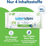 WaterWipes Sensitive+ Hydrating Boost vlhčené ubrousky, hydratační ubrousky, 360 kusů (6 balení), 3 v 1 čistí, pečují, hydratují, 99% voda z Aloe Vera, neparfémované dětské ubrousky