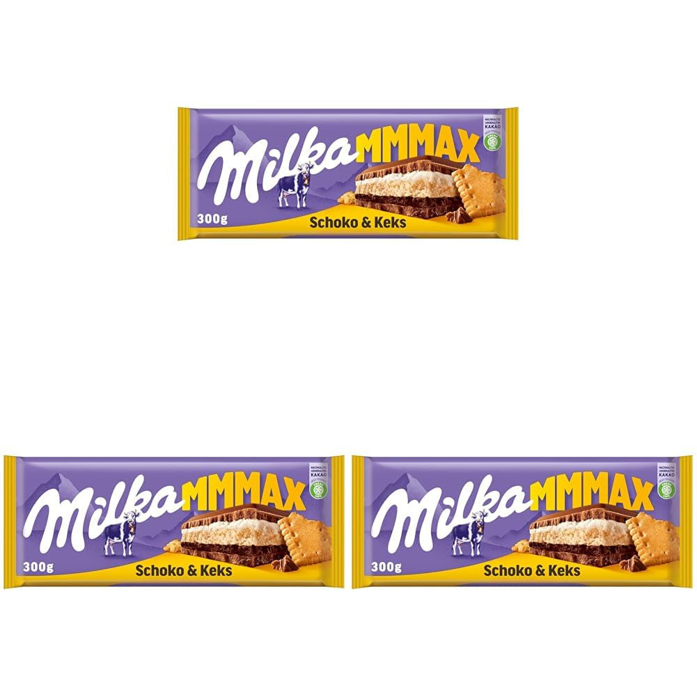 Milka Mmax Čokoláda a sušenky – Čokoláda z alpského mléka s mléčnou krémovou náplní a křupavými kousky sušenek – 300g