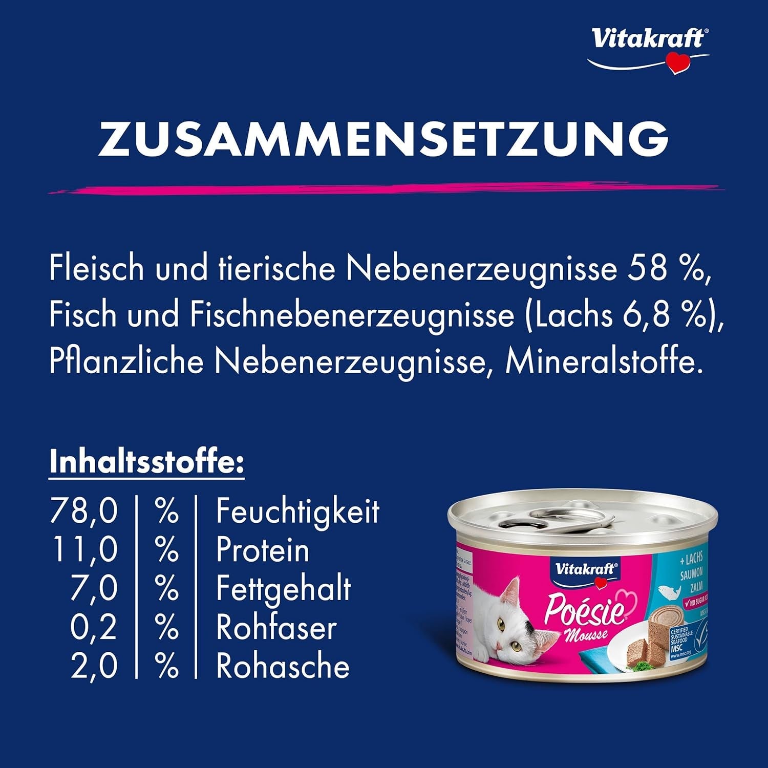 Vitakraft Poésie Mousse, mokré krmivo pro kočky, provzdušněná pěna, s lososem, bez přidaného cukru a obilovin (12 x 85 g)