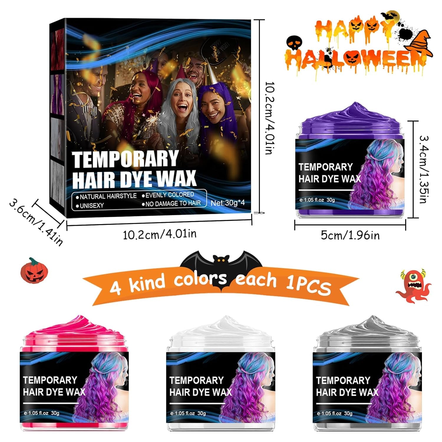 Halloween dočasné barvivo na vlasy 4 barvy Barva na vlasy Vosk Styling Tón vlasů Pro muže Ženy Halloween Cosplay Party Barvy na vlasy Naty Shop