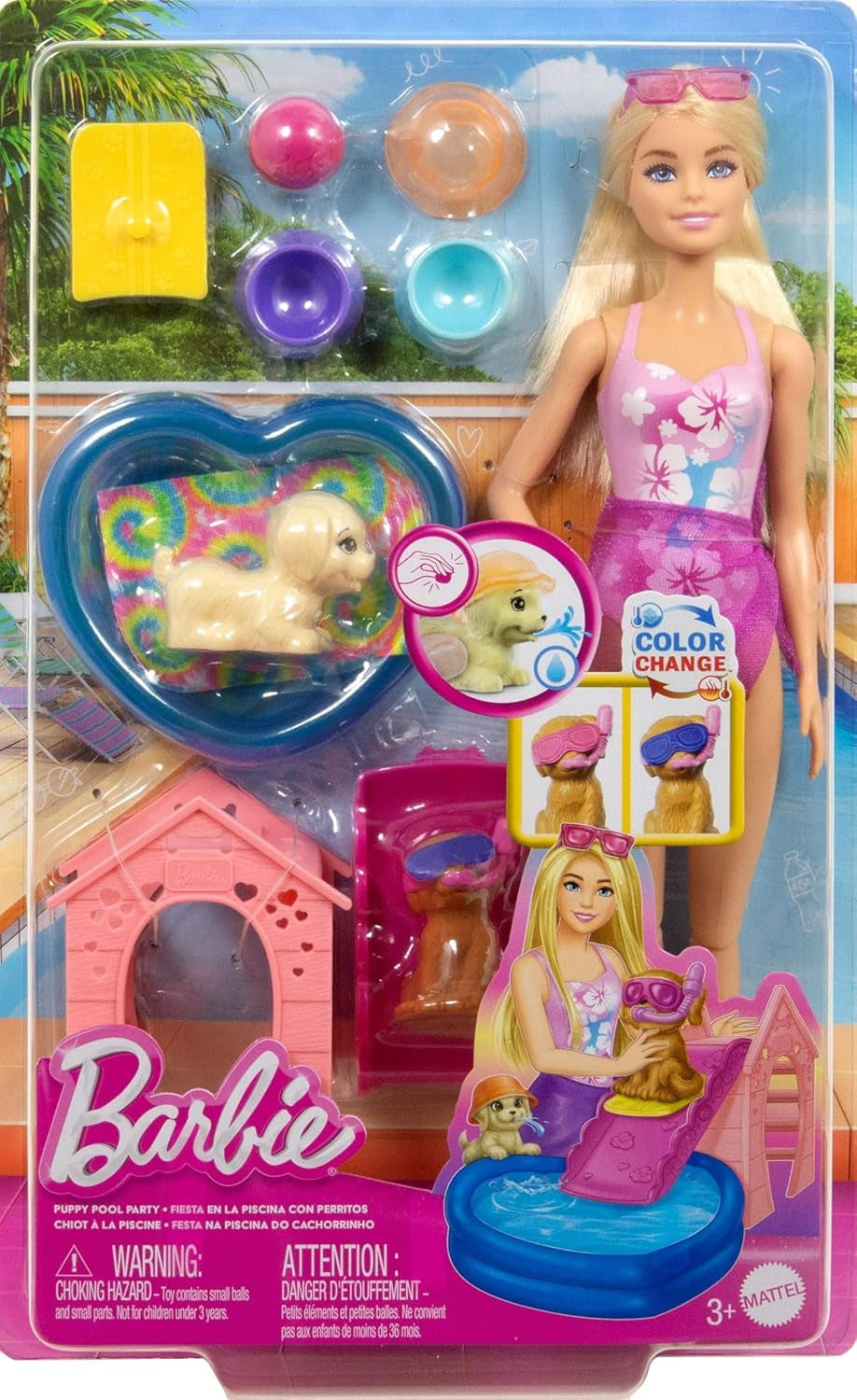 Hrací sada Barbie pro štěně Pool Party s módní panenkou, psím domečkem a skluzavkou, srdíčkovým bazénkem, 2 figurkami psů, 6 doplňků a měničem barev, JBF35