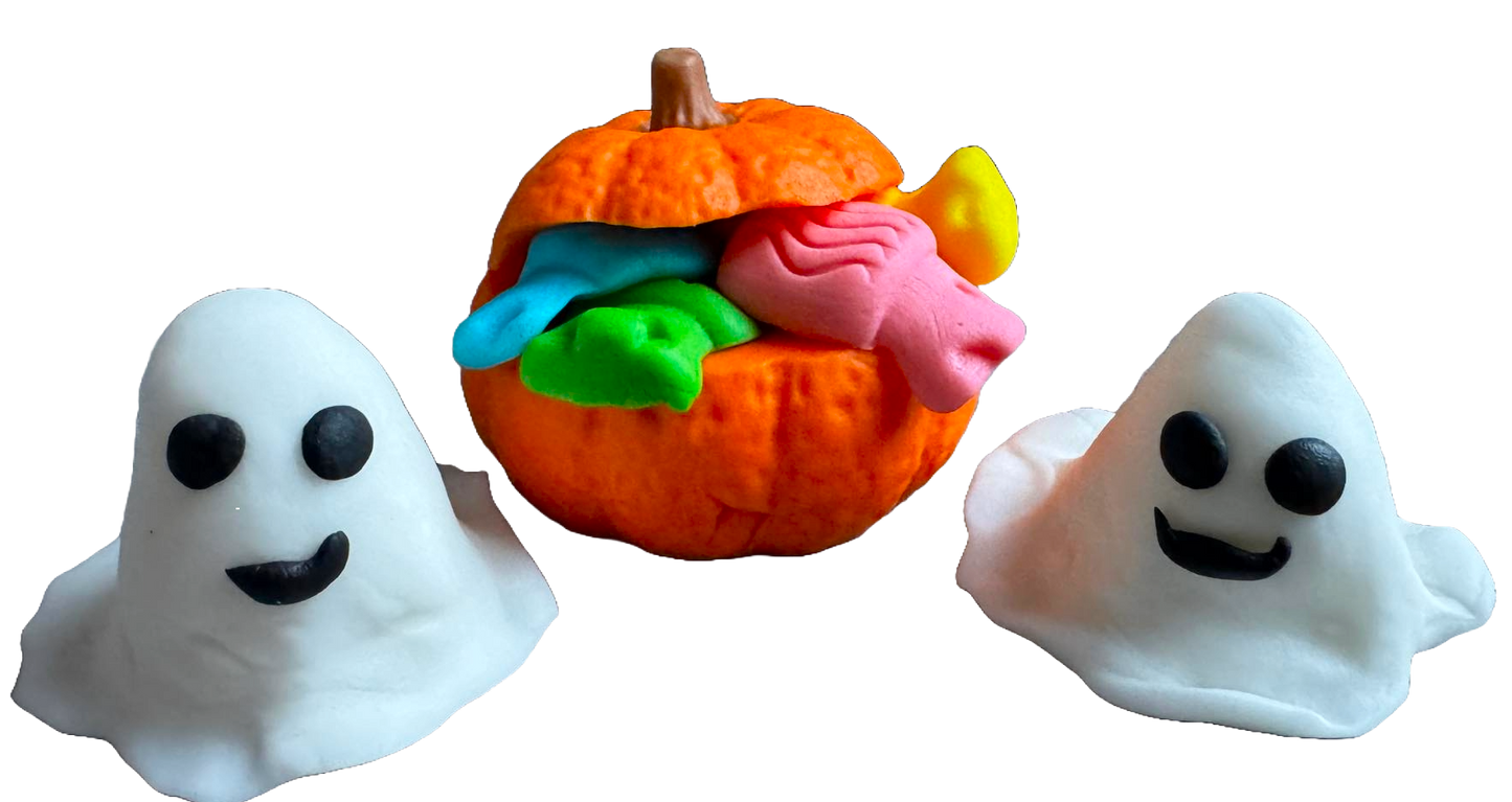 Sada 3 jedlých dekorací z cukrové pasty, Halloween, duchové a dýně se sladkostmi Dekorace z cukrové pasty Naty Shop