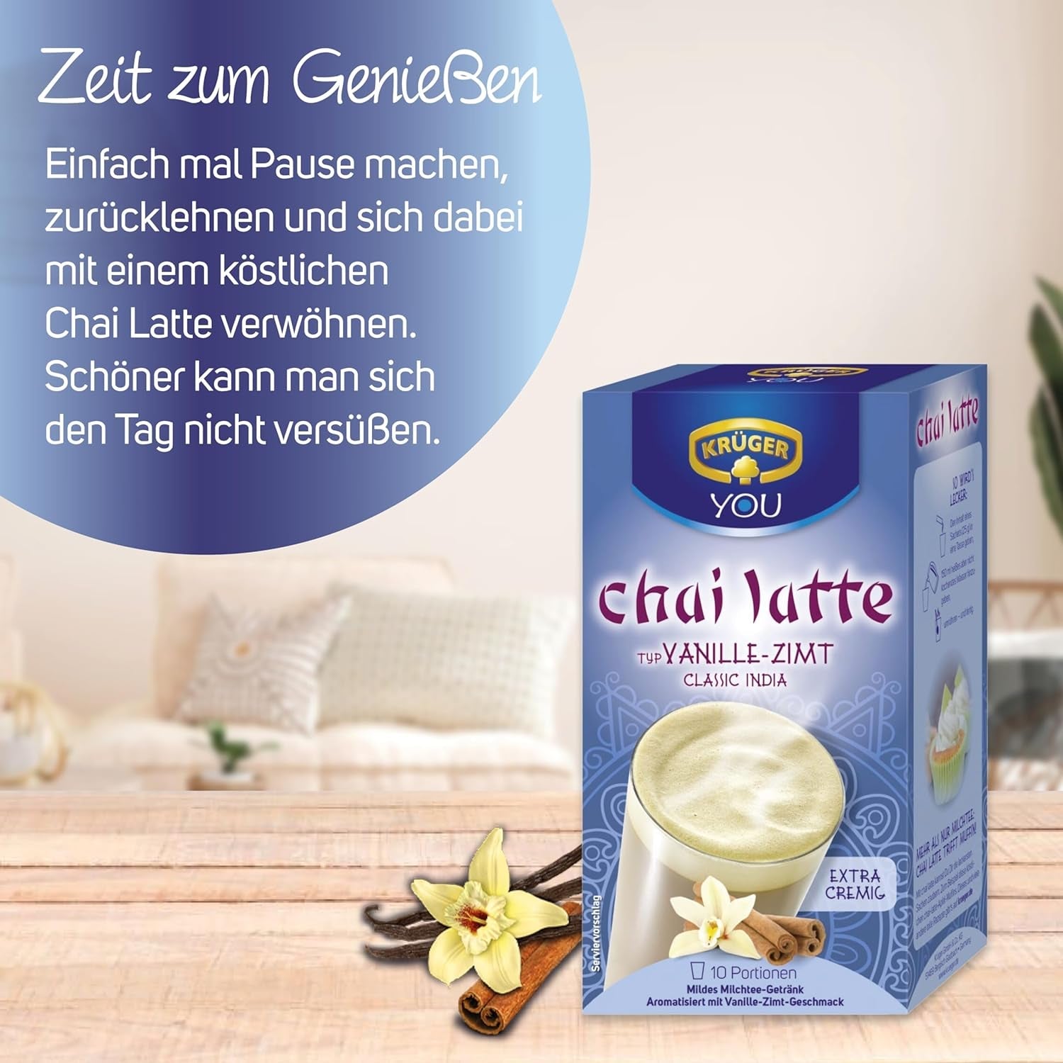 KRÜGER YOU Chai Latte Vanilla Cinnamon, instantní přípravek pro mléčné nápoje, ochucený vanilkou a skořicí, 250 g (10 sáčků po 25 g)