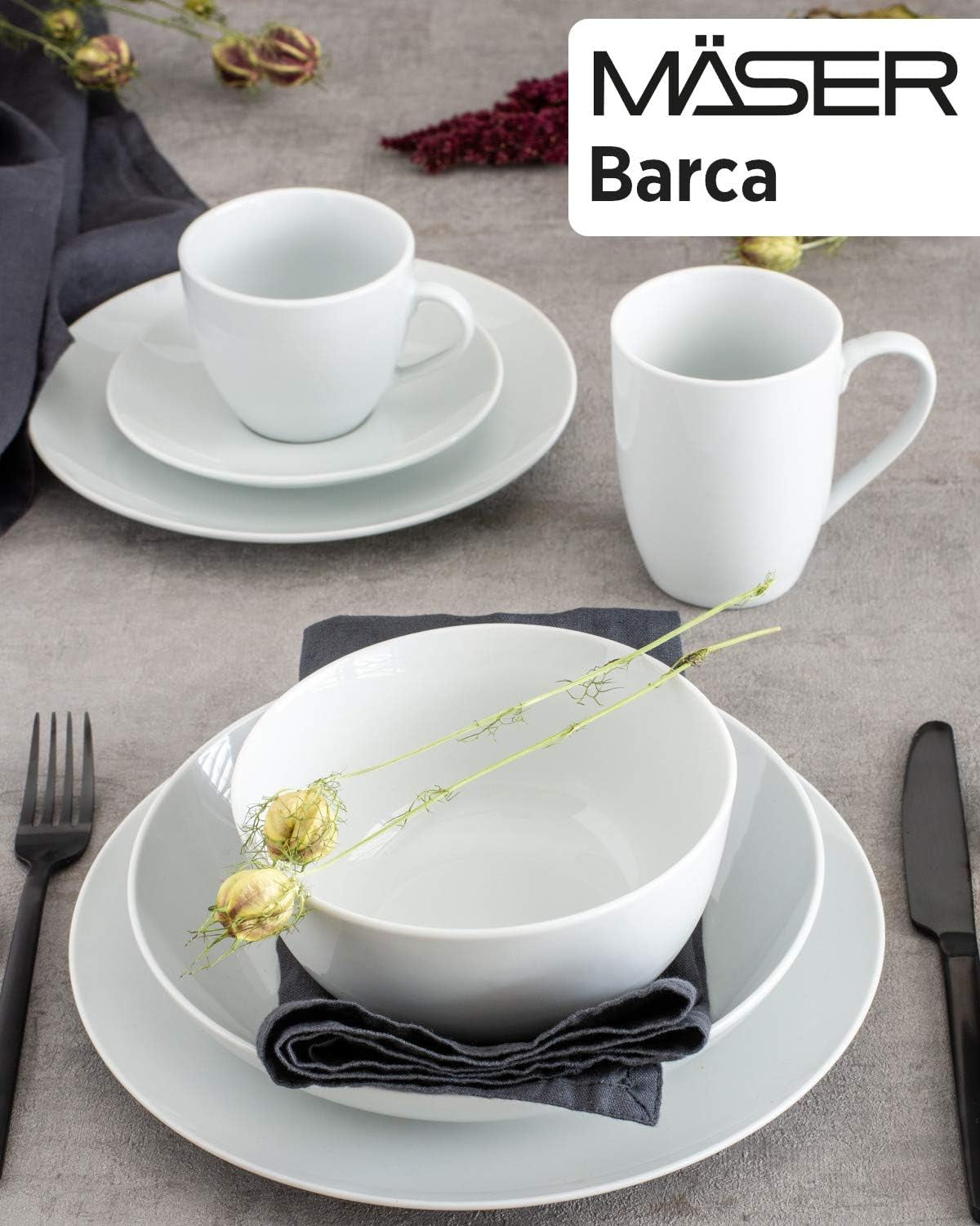 Sada nádobí Mäser Barca pro 6 osob, sada 12 kusů, porcelán, bílá