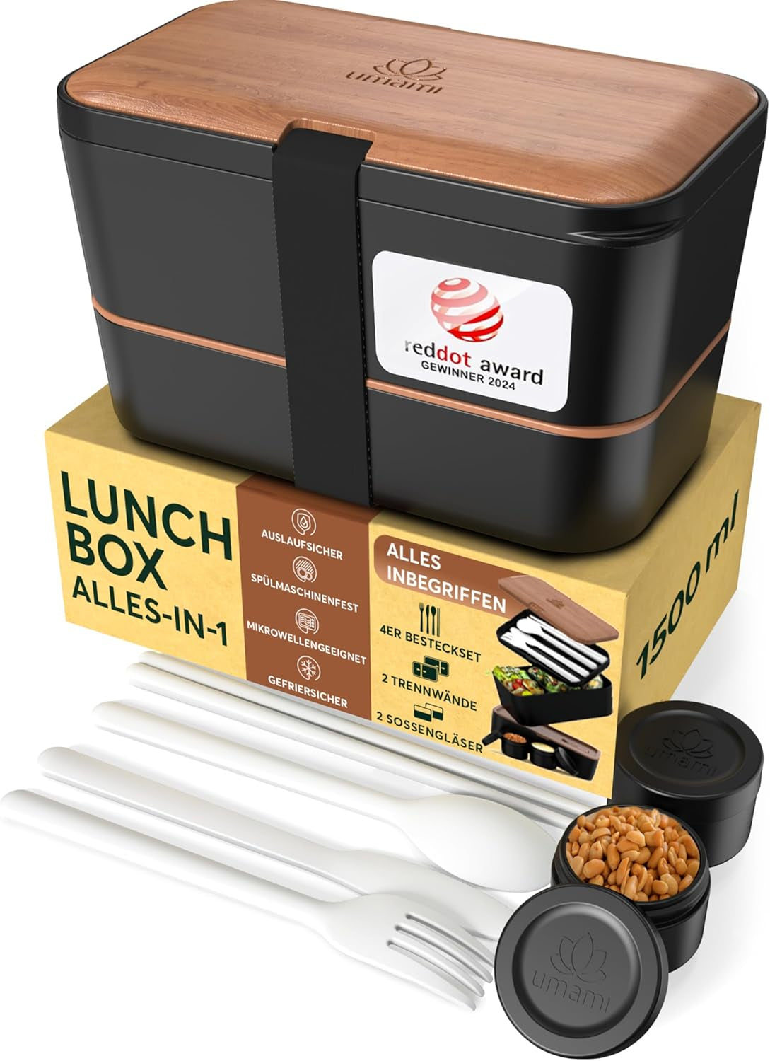 Umami Lunch Box pro dospělé, Netěsný stohovatelný Bento Box se 4 příbory a přihrádkami, Box na oběd pro dospělé, To-Go Zásobník na salát, Piknik / Kancelář Lunch Box, Charcoal Grey, 1500 ml