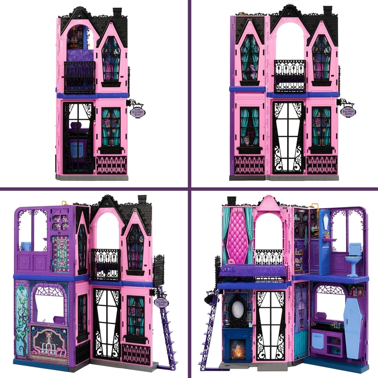 Hotelový domeček pro panenky Monster High Buh-tique, skládací herní sada s děsivými překvapeními v každém pokoji a 13+ herních sad, včetně nábytku a doplňků, JBF16
