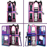 Hotelový domeček pro panenky Monster High Buh-tique, skládací herní sada s děsivými překvapeními v každém pokoji a 13+ herních sad, včetně nábytku a doplňků, JBF16