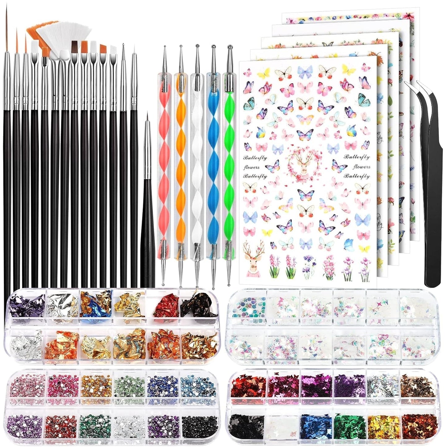 FANDAMEI Pinsel Für Gelnägel, 15 ks Nagel Pinsel, 5 Blätter Nagel Sticker, Strasssteine ​​Nägel, Nageldesign Set, Nageldesign Zubehör, Nail Art Pinsel Set, Nailart Pinsel Und Dekorationen Set
