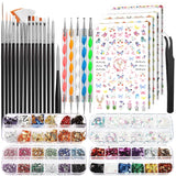 FANDAMEI Pinsel Für Gelnägel, 15 ks Nagel Pinsel, 5 Blätter Nagel Sticker, Strasssteine ​​Nägel, Nageldesign Set, Nageldesign Zubehör, Nail Art Pinsel Set, Nailart Pinsel Und Dekorationen Set