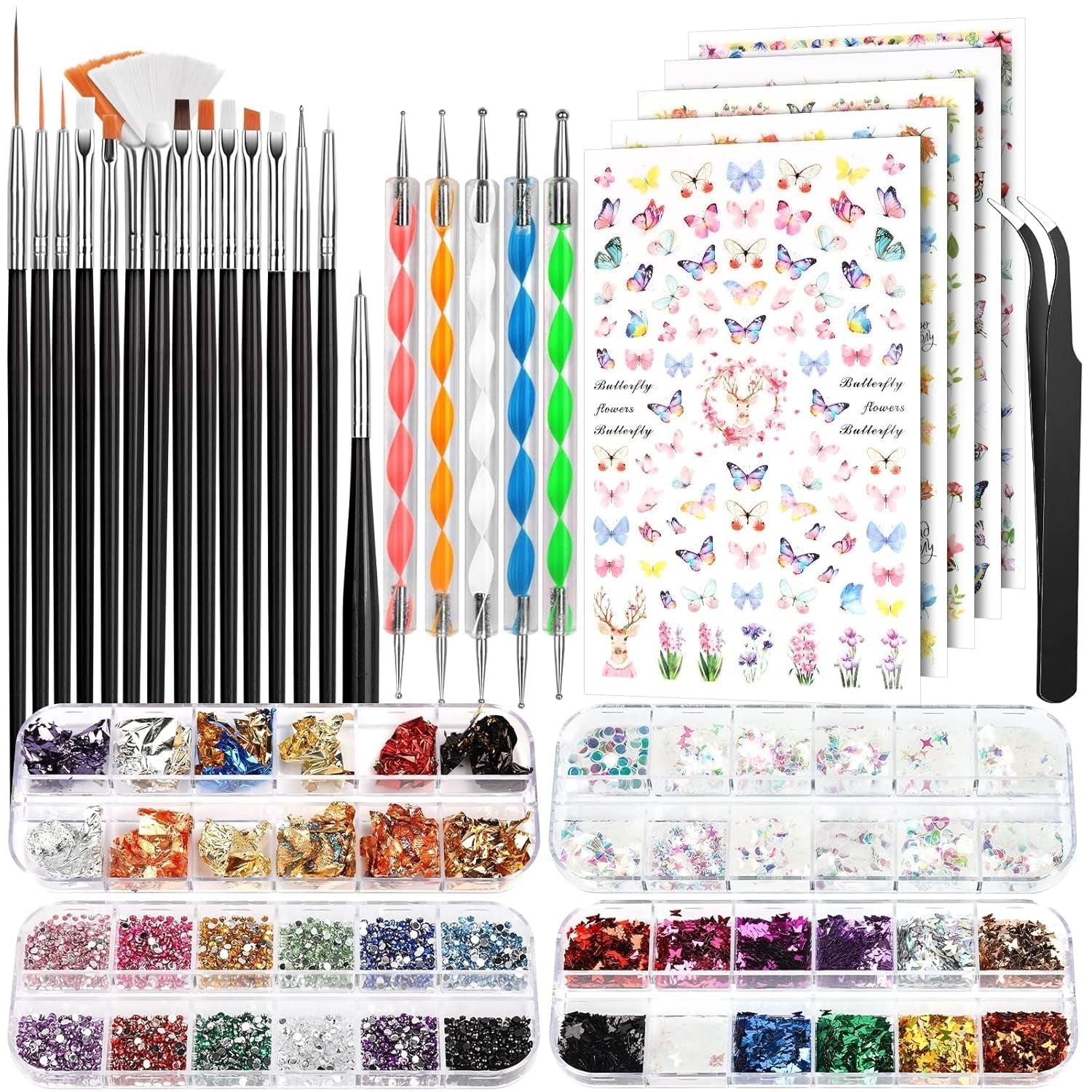FANDAMEI Pinsel Für Gelnägel, 15 ks Nagel Pinsel, 5 Blätter Nagel Sticker, Strasssteine ​​Nägel, Nageldesign Set, Nageldesign Zubehör, Nail Art Pinsel Set, Nailart Pinsel Und Dekorationen Set