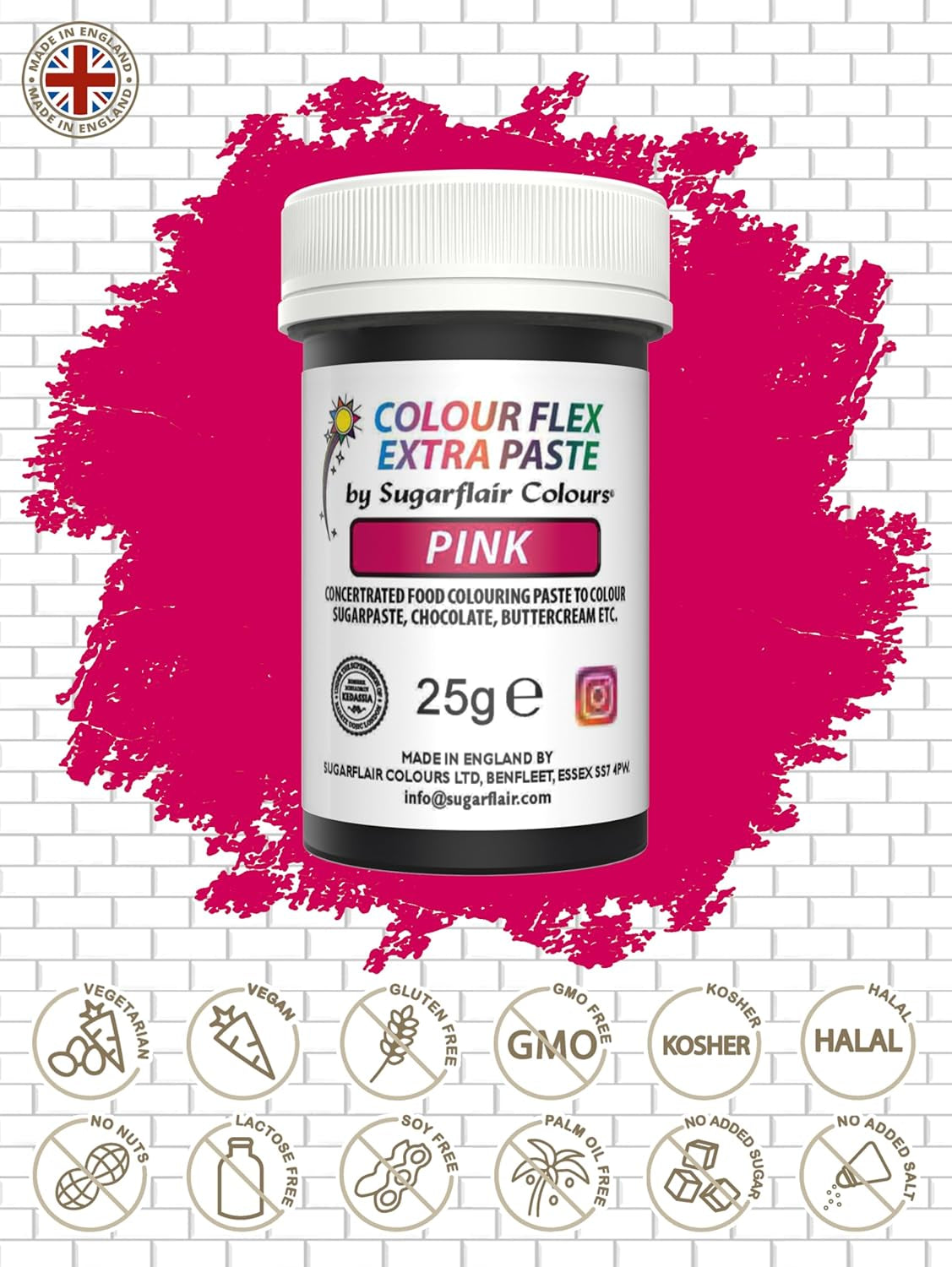 Potravinářské barvivo Sugarflair Colourflex Extra Pink Paste - Jedlé potravinářské barvivo na máslový krém, čokoládu, cukrovou pastu, polevu, fondán, dortové směsi, těsto a další - 25g