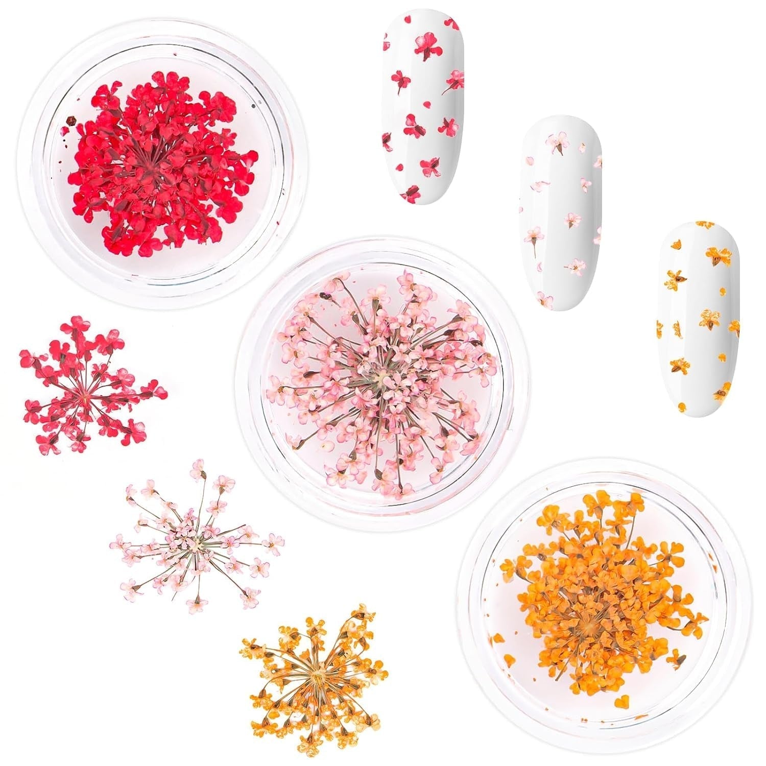 Nail Art Flower Set Decoration - Gelnägel Zubehör 3 Farben (oranžová, Blassrosa, Rose), Nail Art Aufkleber Trockene Blumen Kit Getrocknete Blumen Zubehör Set DIY Nageldekoration