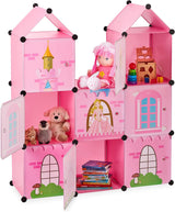 Modulová polička Relaxdays do dětského pokoje, design princess castle, plast, DIY skříňka s dvířky, HL: 128 x 110 x 37 cm, růžová