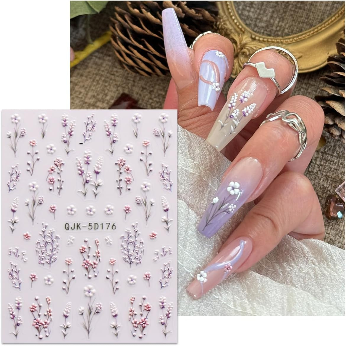 JMEOWIO 3D Nálepka na nehty Blumen Nálepka na nehty Selbstklebend Nagelaufkleber 5D Stereoskopické jarní letní dekorace Nageldesign Zubehör 4 Blatt