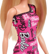 Módní panenka Barbie s rovnými blond vlasy v růžových strečových šatech na jedno rameno a botách s potištěným logem HRH07 Naty Shop Dolls