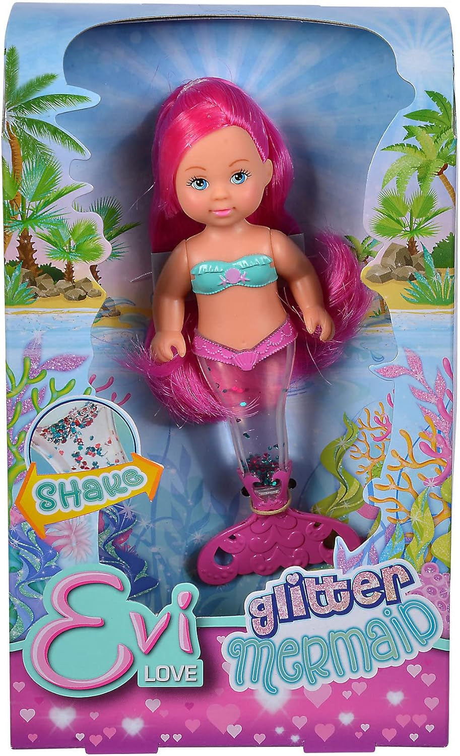Simba 105733482 - Evi Love Glitter Mermaid, panenka mořské panny s ocasní ploutví, která při zatřesení svítí. Je poskytována pouze JEDNA položka.