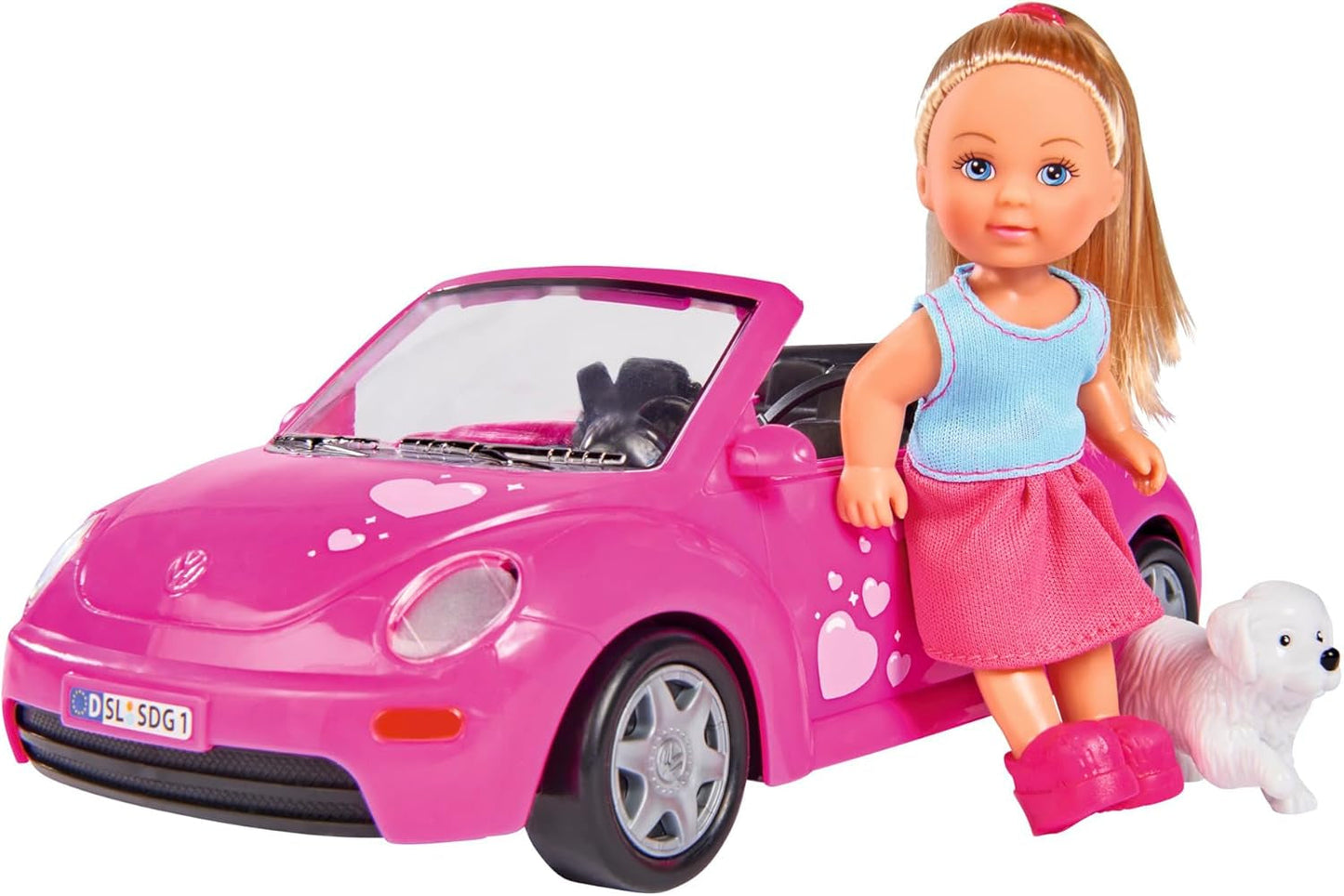 Simba 105731539 - Evi Love Beetle Evi's, Evi s autem, auto: 22 cm, se psem, módní panenka, 12 cm, pro děti od 3 let
