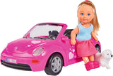 Simba 105731539 - Evi Love Beetle Evi's, Evi s autem, auto: 22 cm, se psem, módní panenka, 12 cm, pro děti od 3 let