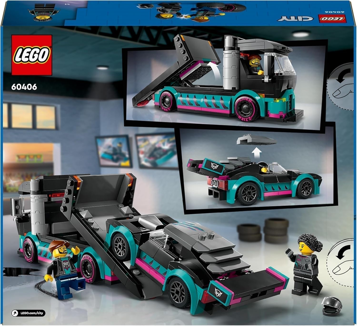 LEGO City Car Transporter se závodním autem, náklaďákem s nastavitelnou nakládací rampou a závodním autem, stavebnice se 2 minifigurkami, závodním jezdcem a řidičem kamionu, pro děti od 6 let 60406 Stavebnice Besuche den LEGO-Store