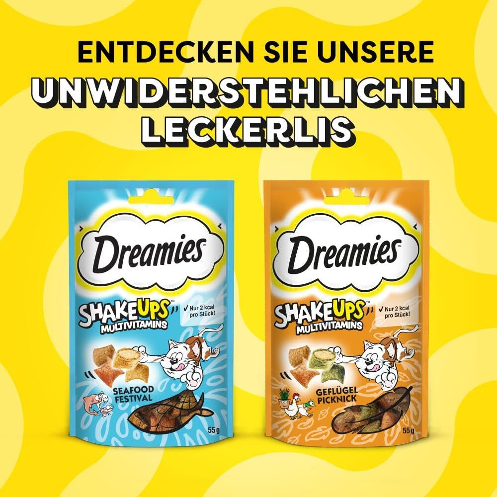 DREAMIES SHAKE UPS Multivitamin Seafood Festival kočičí pamlsky v porcovaných sáčcích – 55 g (6 sáčků)