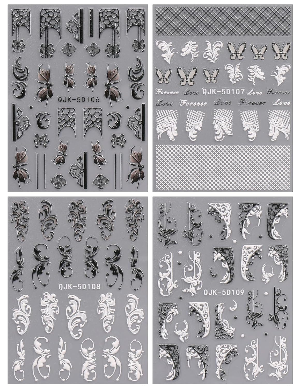 JMEOWIO 3D Nálepka na nehty Schwarz Weiß Blume Nálepka na nehty Selbstklebend Nagelaufkleber 5D Stereoskopisch Blumen Dekoration Nageldesign Zubehör 4 Blatt