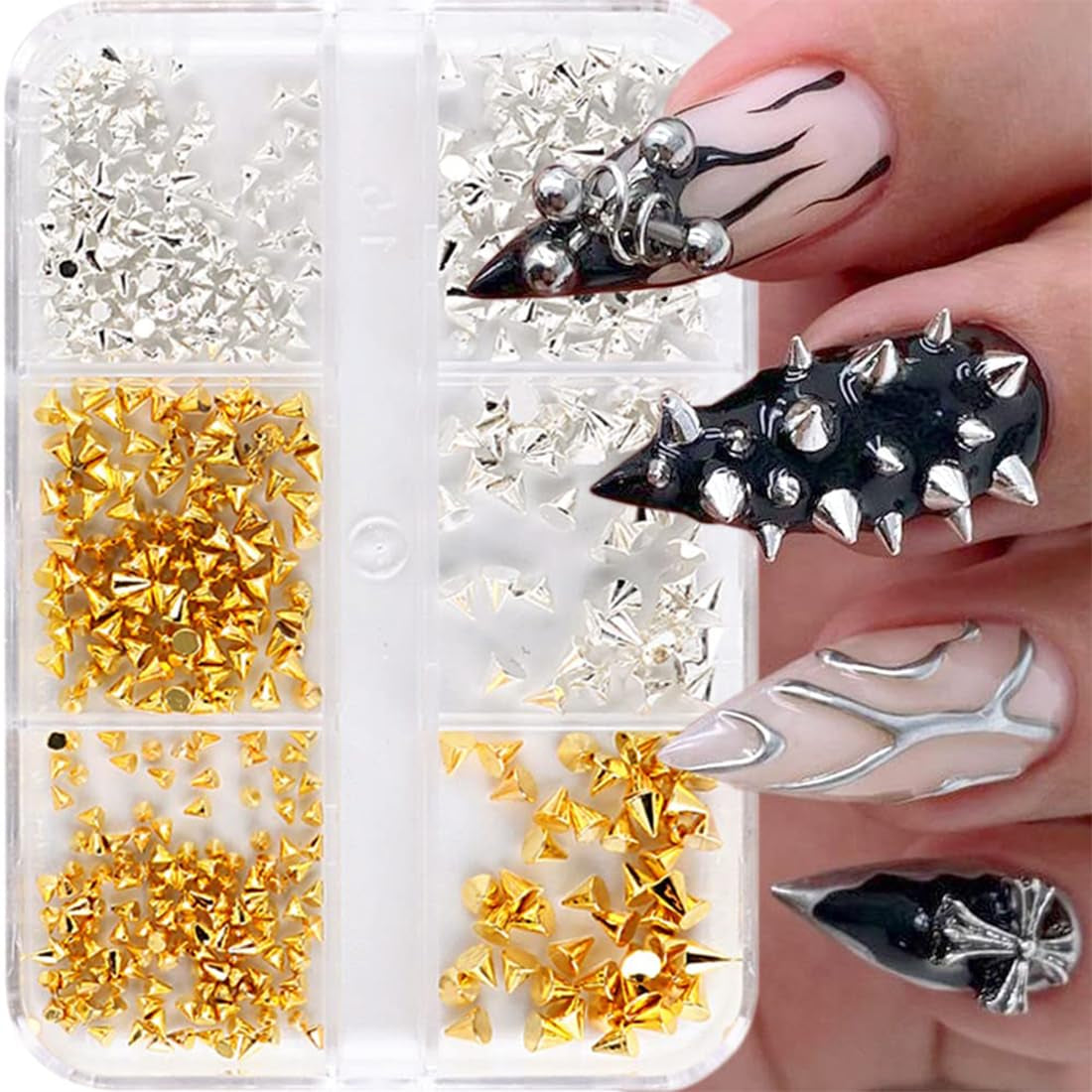 Mini Metall Nieten Punk Přívěsky na nehty Zlatá Stříbrná Strasssteine ​​Nägel Přívěsek Kegel Spikes Nagelschmuck Glitzersteine ​​Study na nehty Nagel Steine ​​​​Legierung Nagelanhänger Kamínky Nageldesign Zubehör