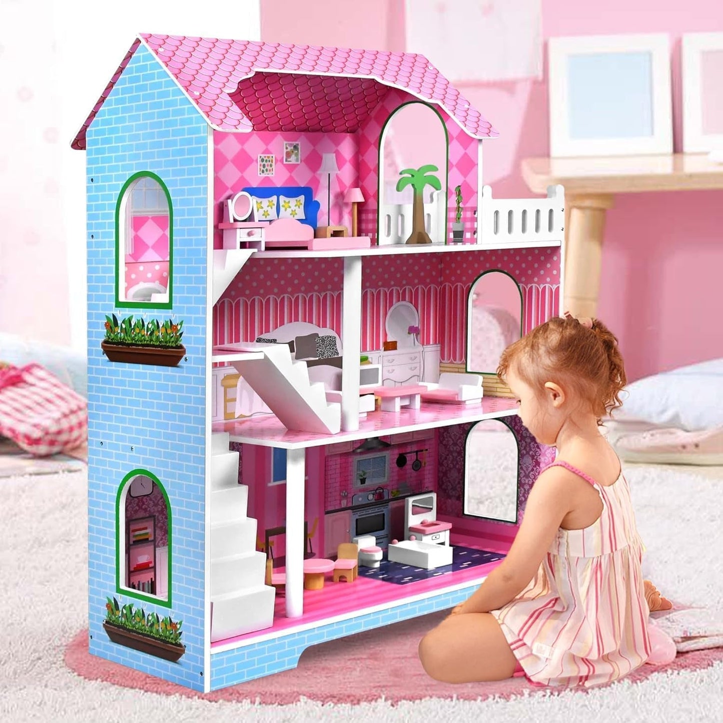 HENGMEI Puppenhaus Kinder Holz Puppenvilla Set domečku pro panenky Mädchen Spielset 3 Etagen Haus mit Möbeln und Zubehör, 70x30x100cm Puppenhäuser für Kinder (Typ B)
