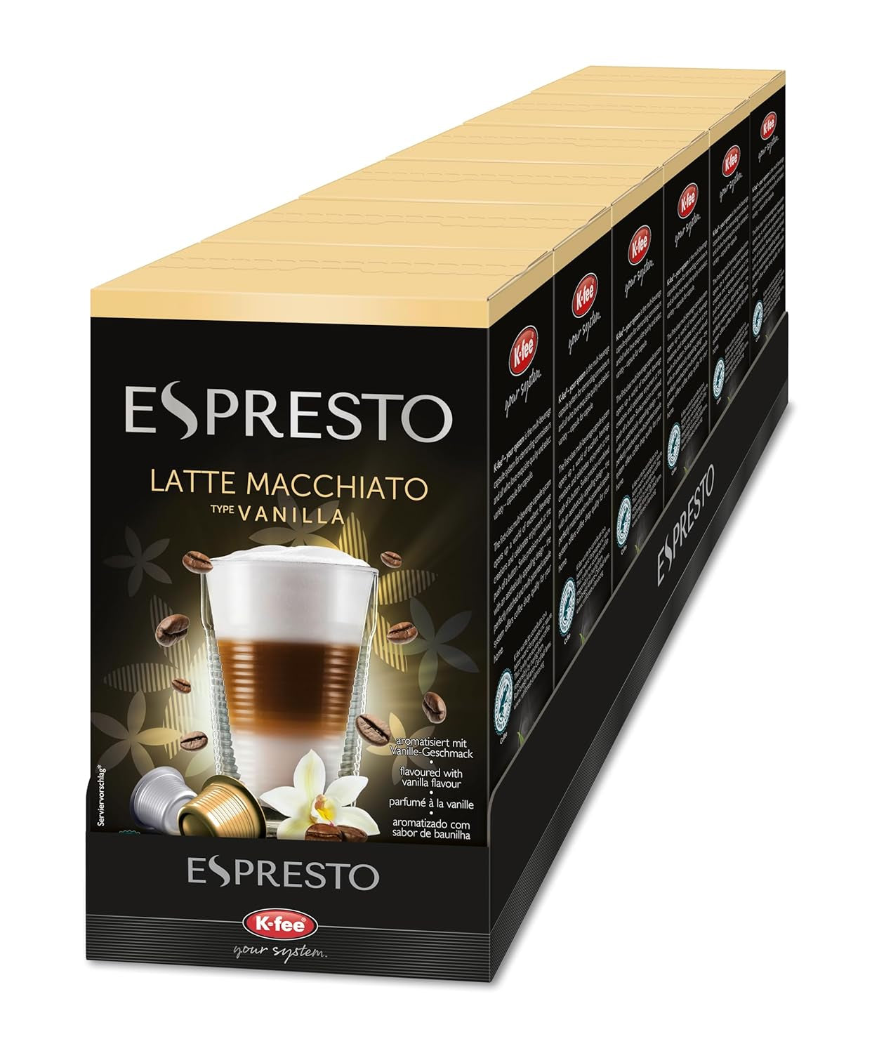 ESPRESTO Latte Macchiato Type Vanille, kompatibilní s K-fee & ALDI EXPRESSI*, certifikované RFA, sladké a harmonické, 48 kávových kapslí a 48 mléčných kapslí