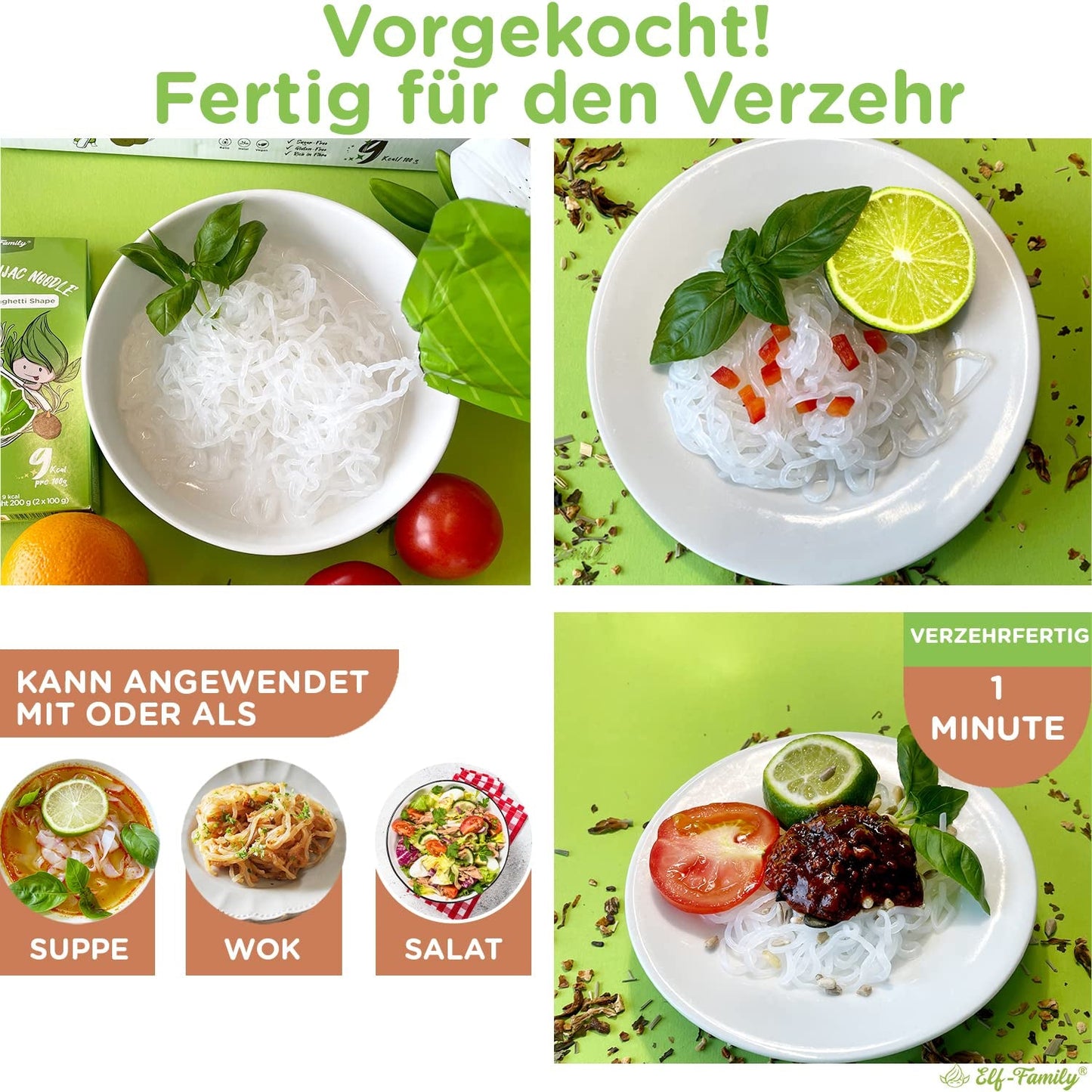 Elf-Family 270g x6er Box (12 balení) Bio Konjak Nudeln Ultra Low Carb Shirataki Nudeln Vegan Bezlepkové-Instantní Nudeln bez kohlenhydrátu/Keto/Kalorienarme/Fettfrei/Zuckerfrei -Spaghetti MHD/202/11