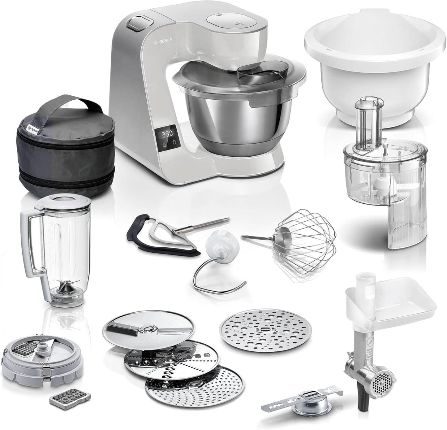 Kuchyňský robot Bosch Series 4 MUM5X720, integrovaná váha, nerezová mísa 3,9L, mixér 1,25L, 1000W Příslušenství Jídlo a kojení Baby Naty Shop Single Silver Grey 6 doplňků