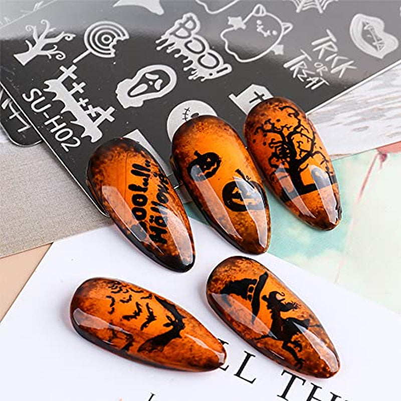 JMEOWIO Šablony na razítkování nehtů Halloween 6 Stück Nagelstempel Šablony Nail Art Dekorace Nageldesign Zubehör Böse Gruselige Kürbis-Geisterhexe