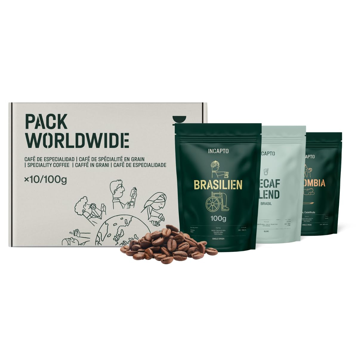 Výběr zrn kávy Incapto po celém světě | Výběr 10 původů z celého světa | Speciální káva | 100% Arabica | Ideální jako dárková sada ke kávě | Pro milovníky kávy | 10 balení x 100 g