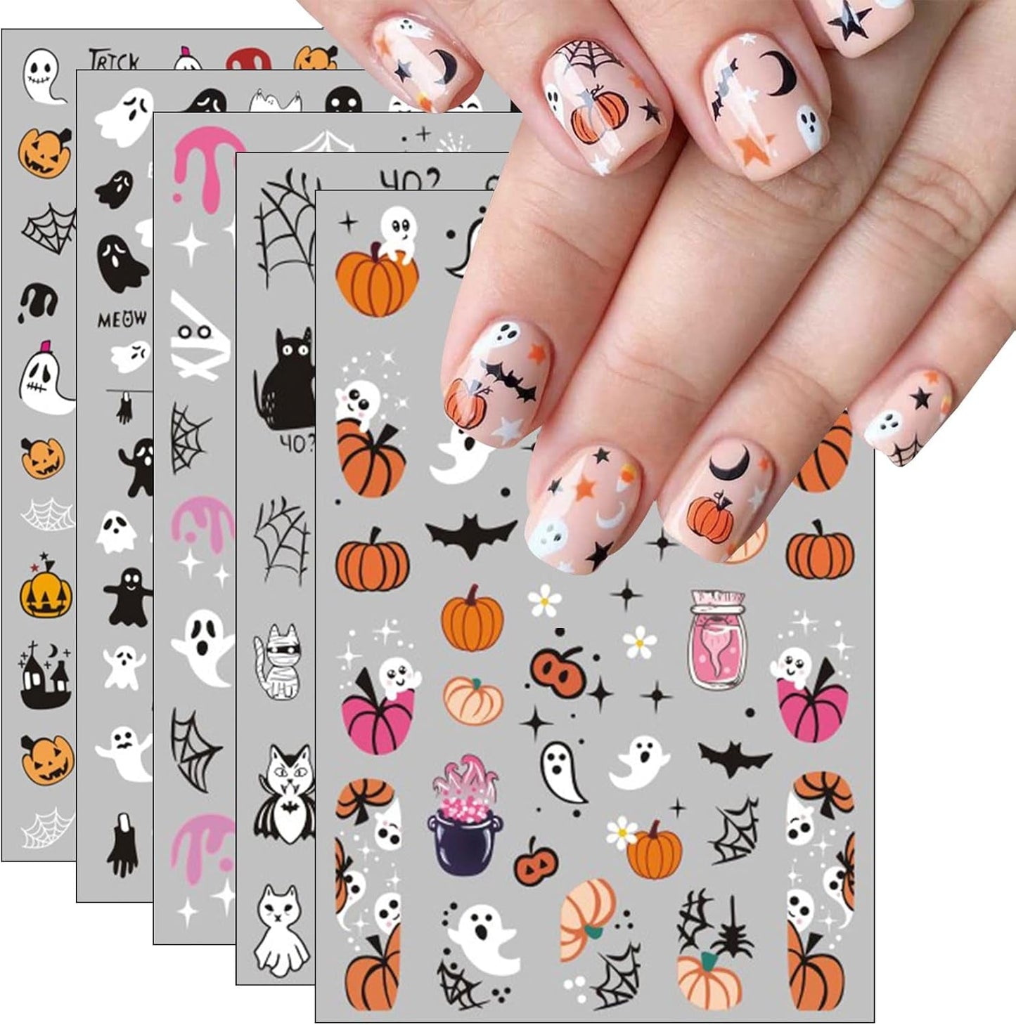 JMEOWIO Nálepka na nehty Halloween 8 Blatt Nálepka na nehty Selbstklebend Nagelaufkleber Totenkopf Horror Geist Hexe Spinnennetz Fledermaus Kürbis Spukdekoration Nageldesign Zubehör