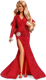Barbie Mariah Carey - Sběratelská panenka s třpytivě červenými šaty, volány, rozparek, okouzlující kadeře, stříbrné doplňky, červené vysoké podpatky, vánoční tradice, dekorace, HJX17