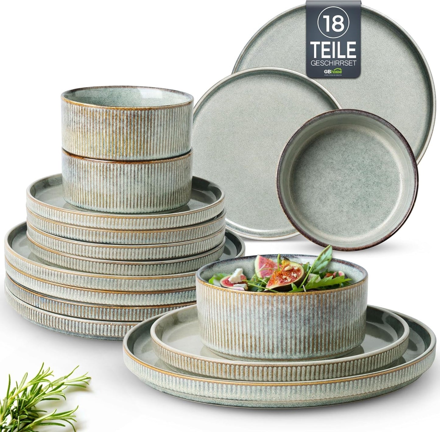GBhome Keramická sada nádobí pro 6 osob 18dílná Reaktivní glazura Ručně vyráběná porcelánová sada nádobí Sada mís a talířů vhodná do mikrovlnné trouby a myčky nádobí