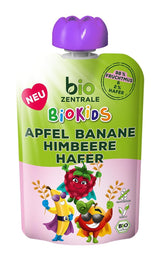 biocentral BioKids Ovocné pyré Jablko Banán Malina Oves | 12 x 90 g | Ovocná svačina bez přidaného cukru | Veganské