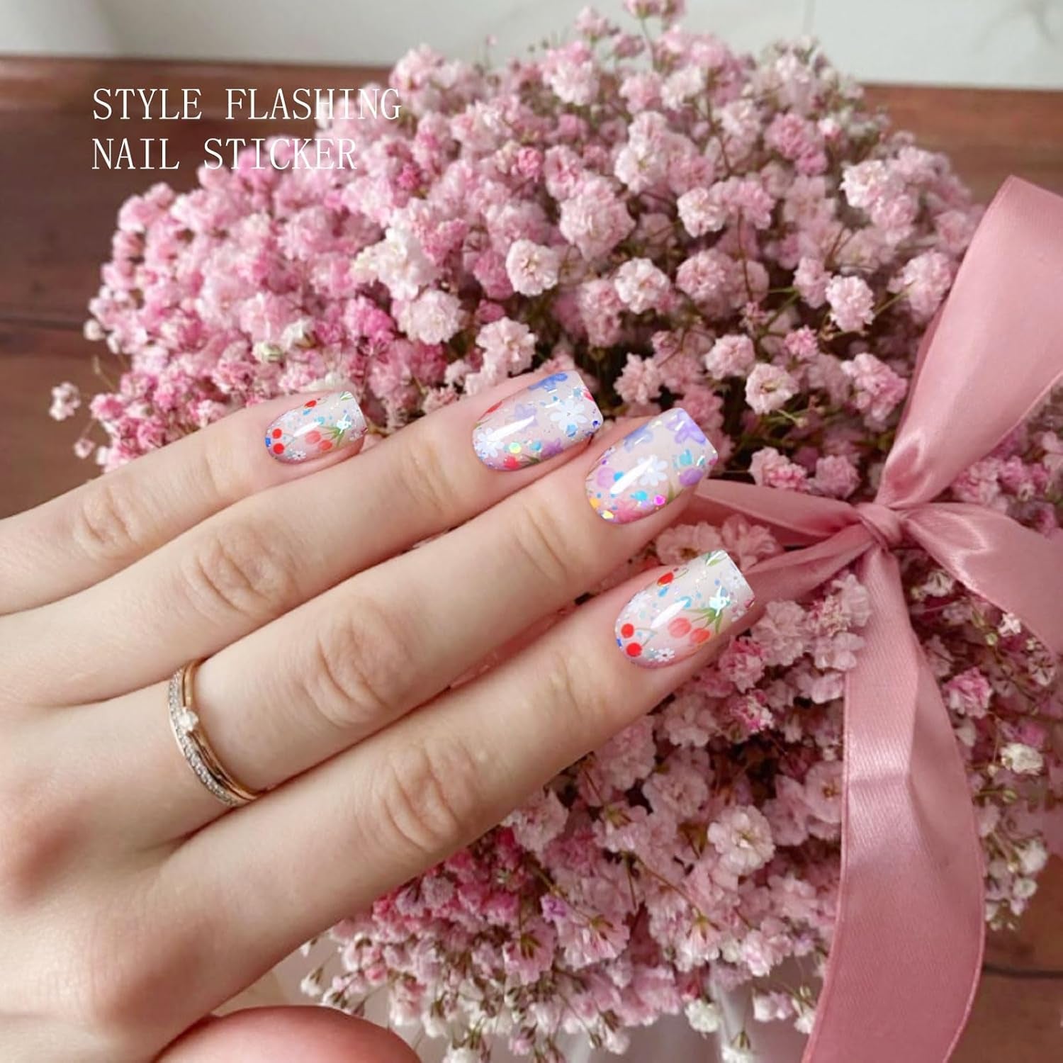JMEOWIO Nagelfolie UV Härtend Bunter Blumenglitzer UV gelové proužky na nehty Nálepka na nehty Nagelaufkleber Nail Art Dekoration Nageldesign Zubehör