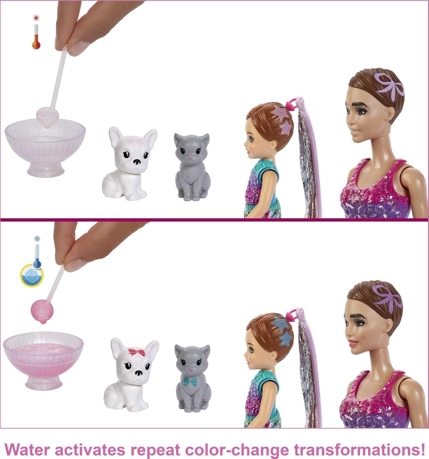 Barbie GXJ88 - Color Reveal Surprise Party, +50 překvapení: 1 panenka, 1 panenka Chelsea, 2 zvířátka, 6 barevných změn, doplňky a další, sada na taneční párty, dárek pro děti od 3 let