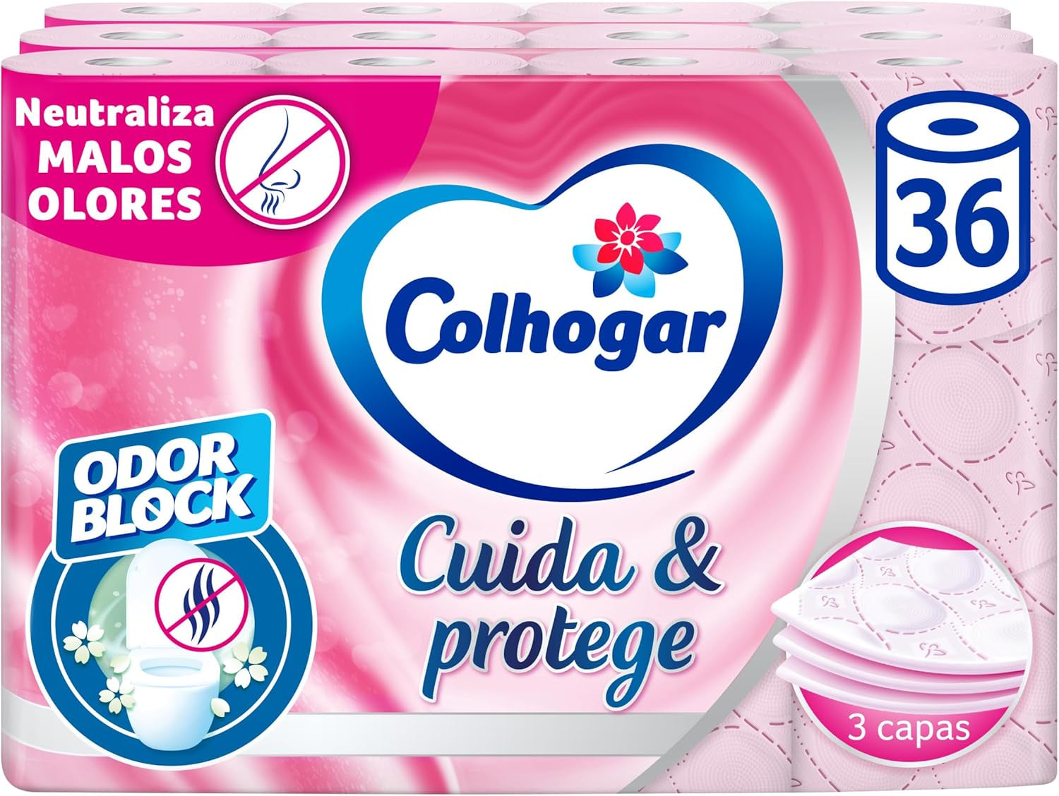 Colcasa Care & Protect 3 x 12 toaletní papír s technologií Odour Block, neutralizuje nepříjemné pachy, balení 36 rolí, 3-vrstvé, čerstvé voňavé růžové role
