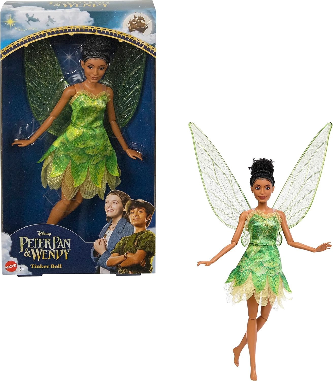 Panenka Disney Peter Pan a Wendy Tinker Bell s pohyblivými křídly a zelenými šaty Dárek pro děti k přehrání scén nebo vlastních dobrodružství HNY37