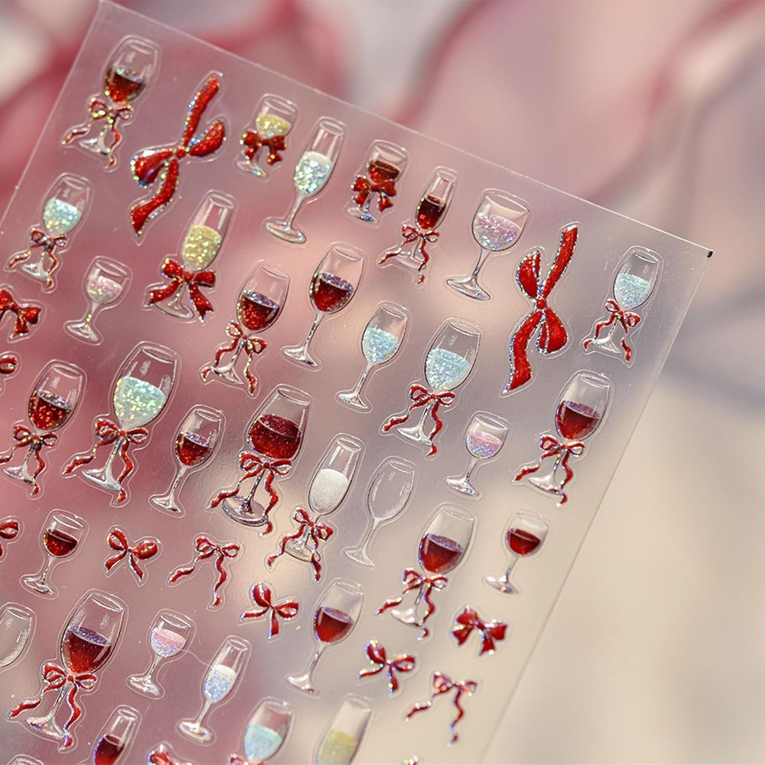 JMEOWIO 3D Nálepka na nehty Roter Kelch Mit Schleife Nálepka na nehty Selbstklebend Nagelaufkleber 5D Stereoskopická dekorace Nageldesign Zubehör 1 Blatt