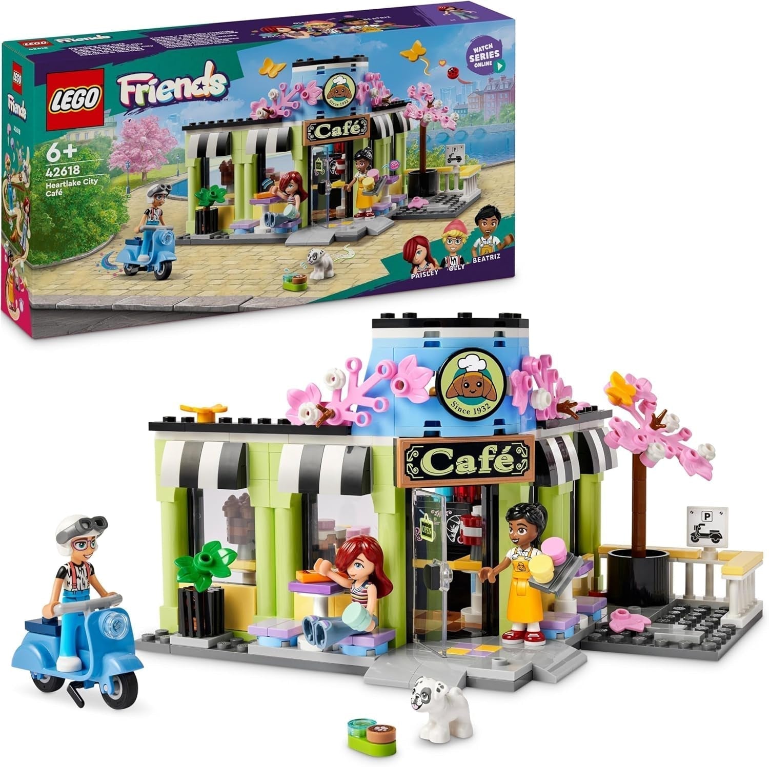 LEGO Friends kavárna v městečku Heartlake, dětská hračka, pekárna hraček, tip na dárek pro dívky a chlapce ve věku 6+, sada 3 hracích figurek a figurky psa 42618 Stavebnice Besuche den LEGO-Store Výchozí název