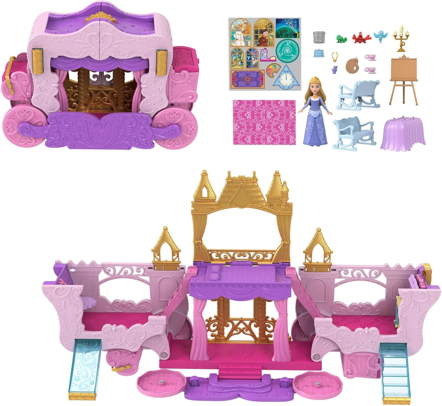 Mattel Disney Princess Transformační herní sada Kočár do hradu s panenkou Aurora, 3 úrovně, 6 herních oblastí, 4 figurky, nábytek a doplňky Panenky HWX17 Naty Shop Vícebarevné
