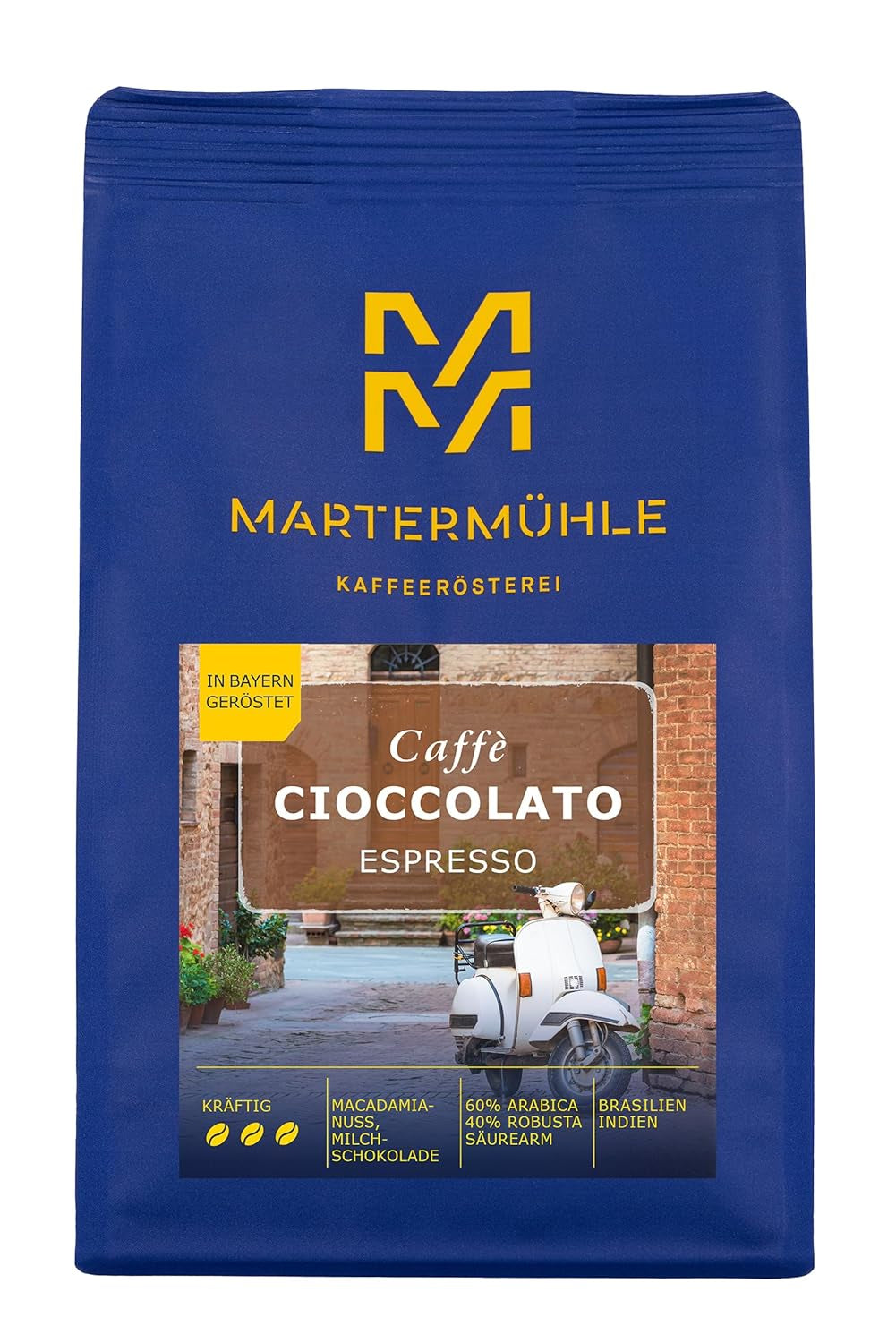 Espresso Martermühle Cioccolato 500g Strong | Arabica/Robusta | Příchutě: Makadamové ořechy, mléčná čokoláda | Světle pražená celá zrna espressa, nízká kyselost