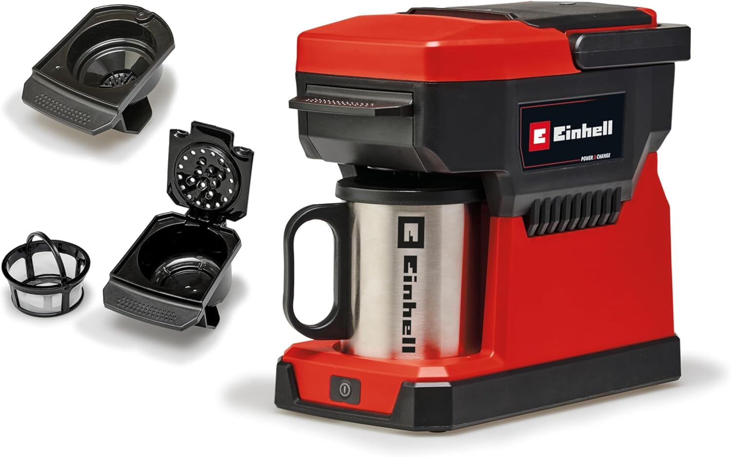 Akumulátorový espresso kávovar Einhell TE-CF 18 Li-Solo Power X-Change (18 V, nádržka na vodu 240 ml, na filtrovanou kávu a kávové kapsle, madlo na přenášení, včetně šálku na kávu s víčkem, bez baterie)