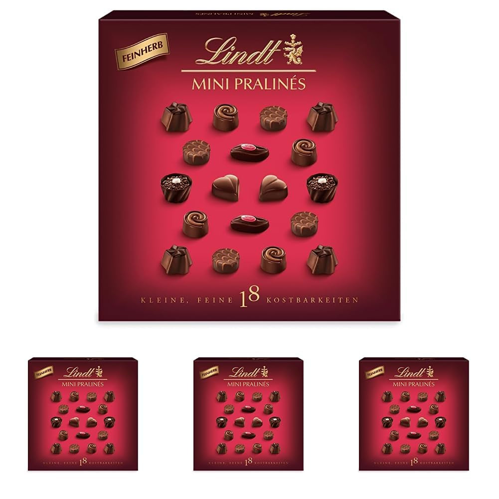 Čokoláda - Mini pralinky z tmavé čokolády | 90 g | Krabice s 18 pralinkami, každá v 6 lahodných sortimentech | Čokoládový dárek | Čokoládový dárek (balení 4 ks)